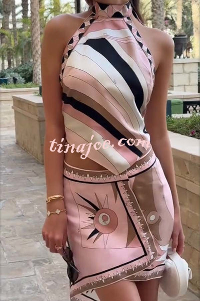 Anzio Satin Unique Print Halter Tie-up Tank and Irregular Hem Mini Skirt Set