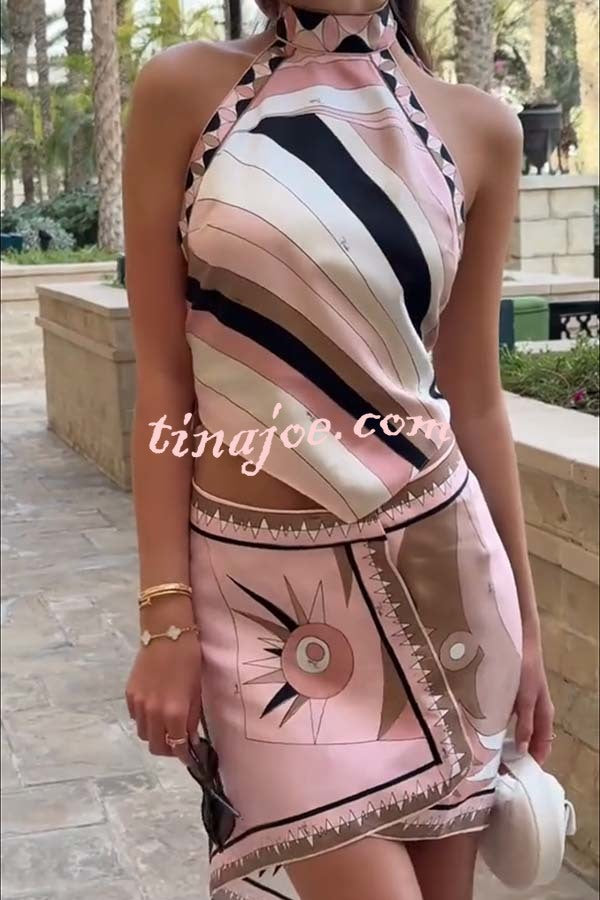 Anzio Satin Unique Print Halter Tie-up Tank and Irregular Hem Mini Skirt Set
