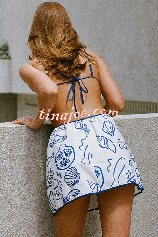 Summer Beach Graphic Print Backless Strappy Mini Dress