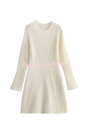 Beautiful Basic Ribbed Knit Long Slit Sleeve Flare Stretch Dress