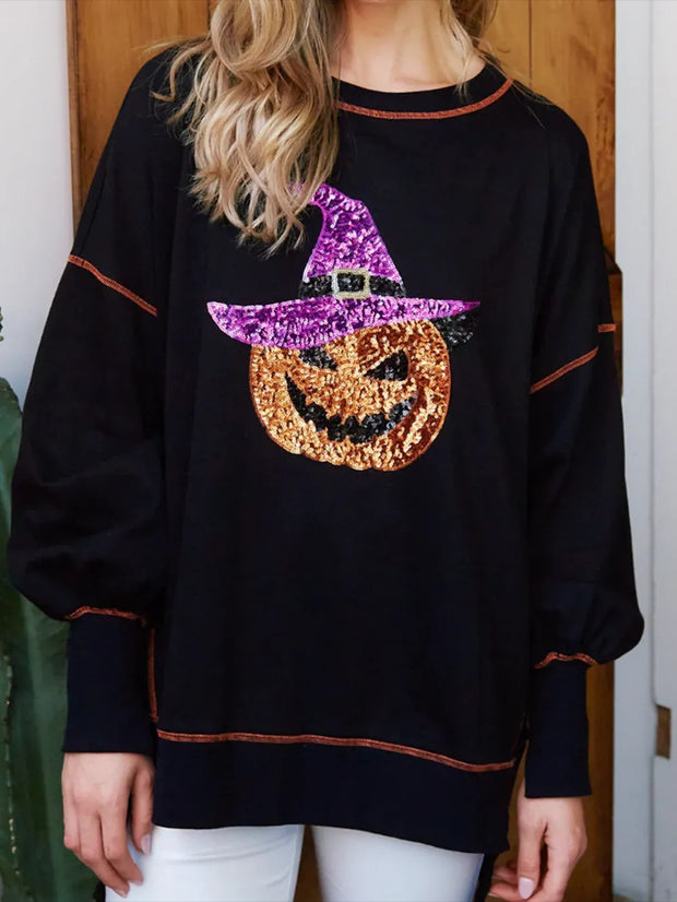 Halloween Sequined Pumpkin Loose Casual Sweatshirt