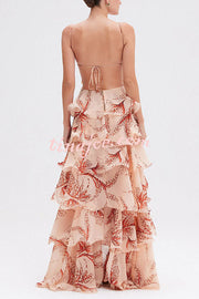 Ariae Butterfly Print Multi-layered Ruffles Backless Tie-up Maxi Dress