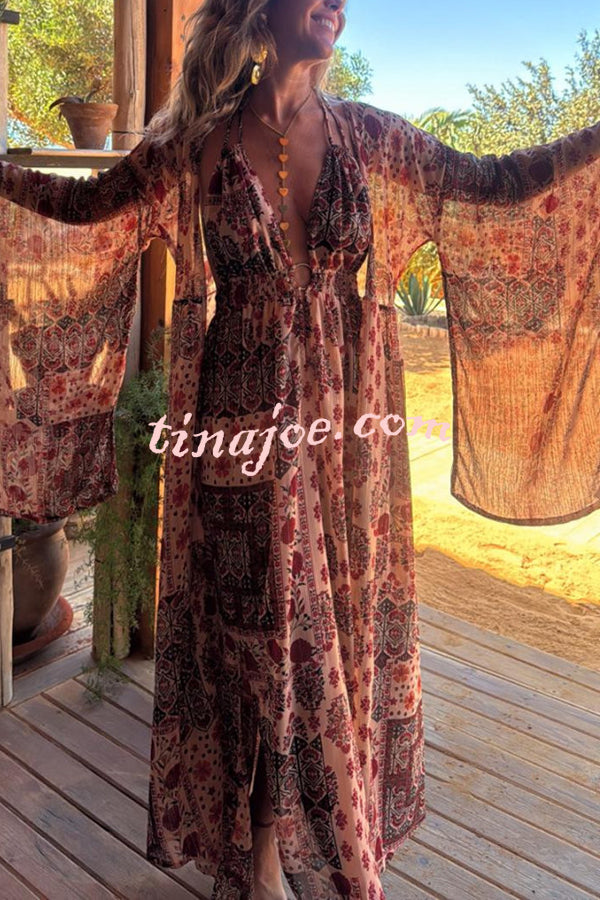 Boho Unique Printed Ring Halter Neck Open Back Slit Maxi Dress