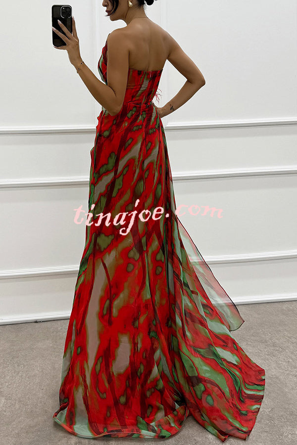 Amazing Views Watercolor Print Feather Rose Detail Off Shoulder Pleated Slit Maxi Dress