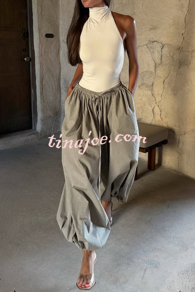 Fashion Plaid Print Elastic Waist Pocket Loose Wide-leg Pants