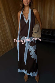 Sunday Social Contrast Color Satin Lace Trim Mid Rise Maxi Skirt