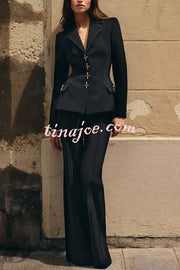 Women Power Metal Cross Snap Button Long Sleeve Lapel Blazer