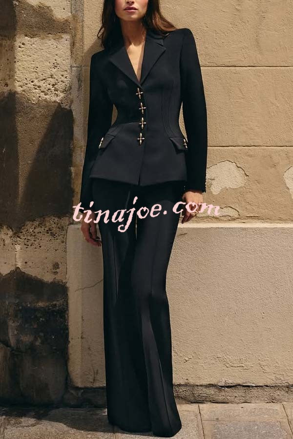Women Power Metal Cross Snap Button Long Sleeve Lapel Blazer