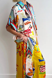 Raina Satin Unique Print Short-sleeved Loose Shirt and Elastic Waist Pocket Pants Set