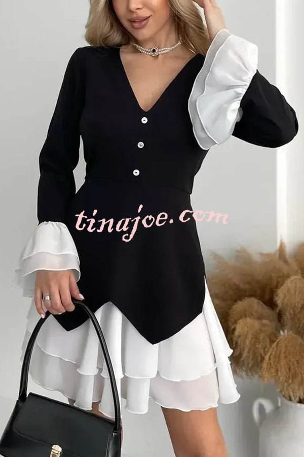 Fashionable Contrast Color Panel Long Sleeve Ruffled Mini Dress