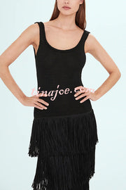 Solid Color Sleeveless Slim Fit Fringed Hem Knitted Midi Dress
