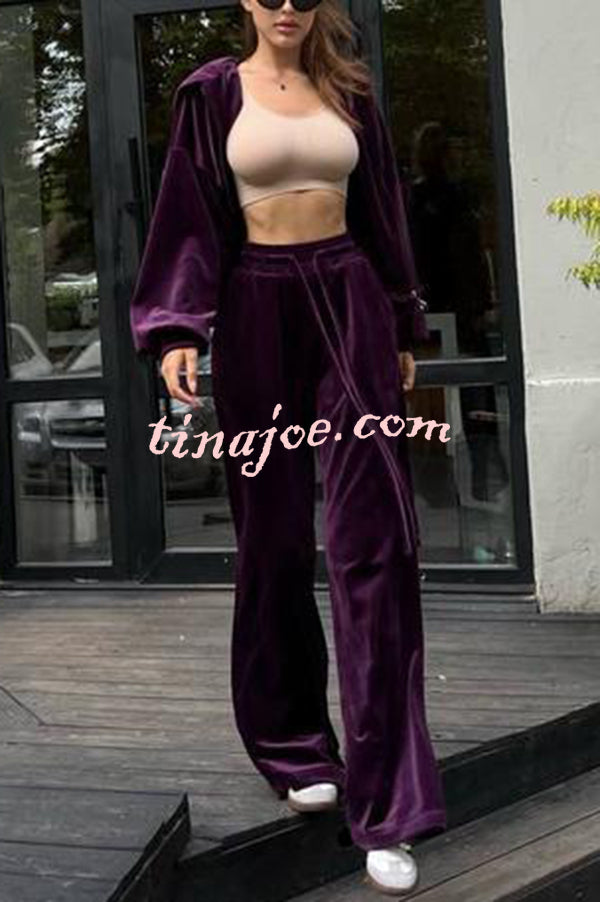 Velvet Casual Zip-up Hooded Top and Elastic Waist Wide Leg Pants Set