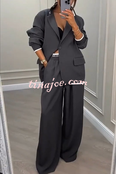 Fashion Sports Style Ribbed Colorblock Lapel Blazer and Elastic Waist Pocket Loose Pants Set