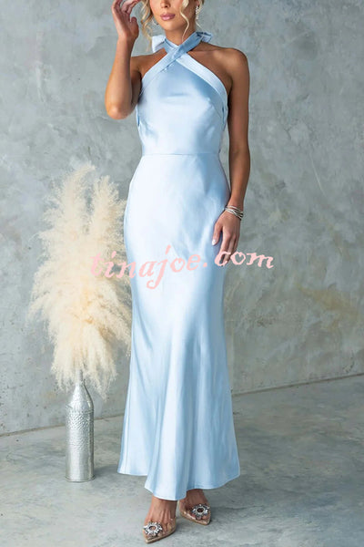 Satin Fashion Halter Backless Slim Elegant Maxi Dress
