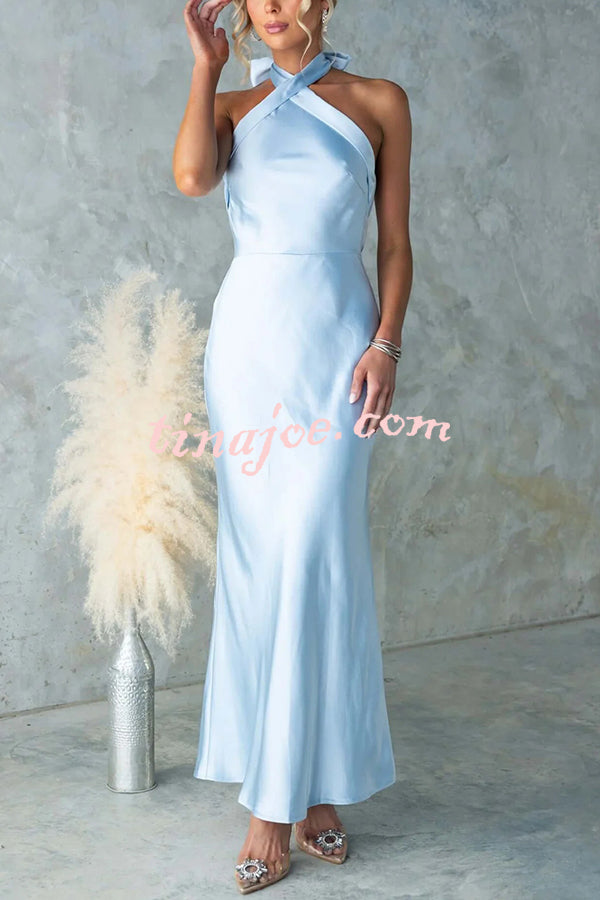 Satin Fashion Halter Backless Slim Elegant Maxi Dress