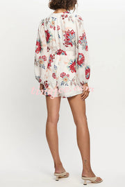 Floral Print Elegant Long Sleeve Waist Tie Casual Rompers