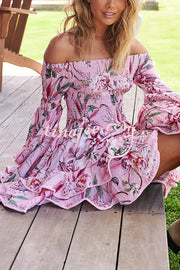 Floral Print Off The Shoulder Pleated Bell Sleeve Fitted Mini Dress