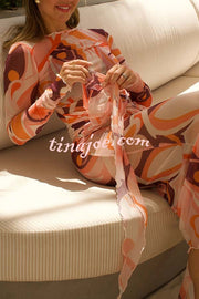 Nessie Mesh Unique Print Tie-up Waist Long Sleeve Stretch See-Through Maxi Dress