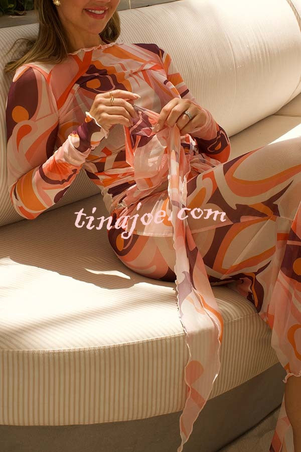 Nessie Mesh Unique Print Tie-up Waist Long Sleeve Stretch See-Through Maxi Dress