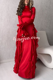 Cline Solid Color High Neck Long Sleeve Elegant Ruffles Maxi Dress