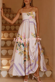 Botanical Print Square Neck Suspender Casual Full Hem Maxi Dress