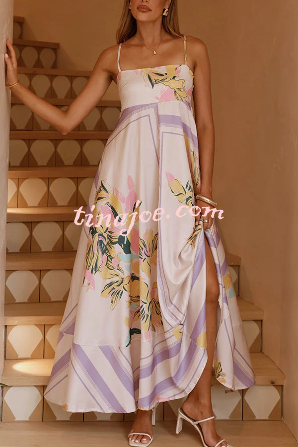 Botanical Print Square Neck Suspender Casual Full Hem Maxi Dress
