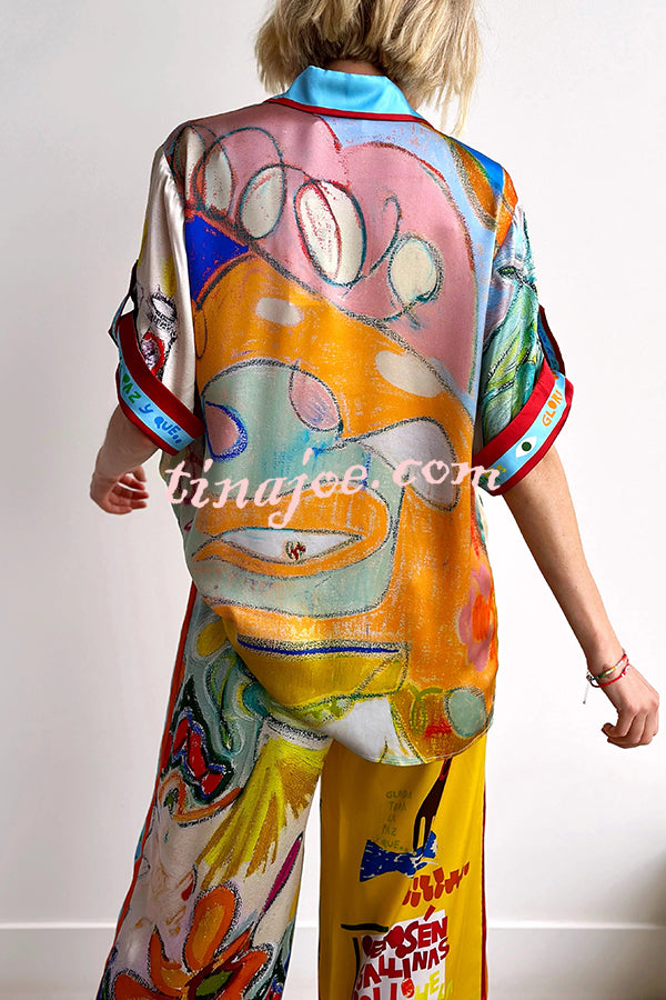 Raina Satin Unique Print Short-sleeved Loose Shirt and Elastic Waist Pocket Pants Set