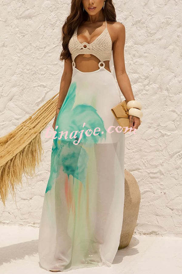 Lily Crochet Knit Bust Ring Floral Print Tulle Hem Maxi Dress