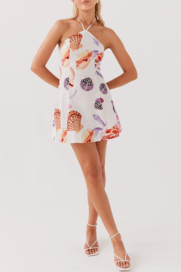 Seaside Bouquet Linen Blend Shells Unique Print Halter Mini Dress