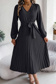 Solid Color Elegant V-neck Buttoned Lace-up Pleated Maxi Dress