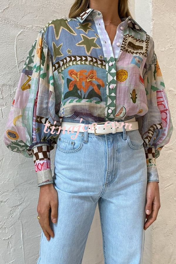 Fun and Nostalgic Unique Print Balloon Sleeve Button Loose Shirt