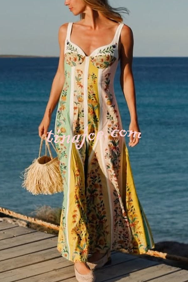 Sweet Garden Linen Blend Color Block Floral Paneled Maxi Dress