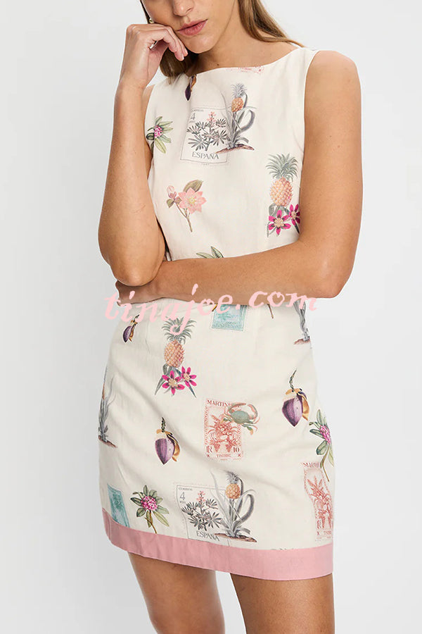 Botanical Print Sleeveless Open Back Casual Mini Dress