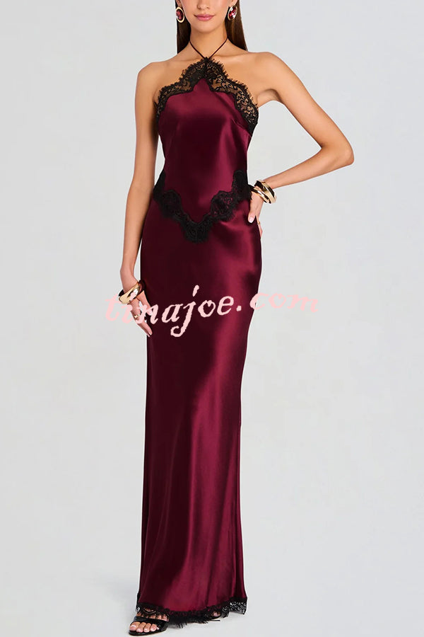 Everly Contrast Color Satin Lace Trim Halter Back Lace-up Flare Maxi Dress