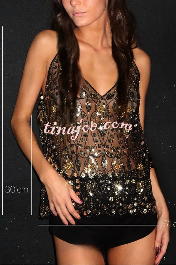 Club Queen Embroidered Sequin Unique Pattern Loose Slip Tank