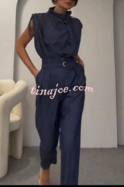 Statement Breast Pocket High Neck Top and Side Pocket Belt Long Pant Set