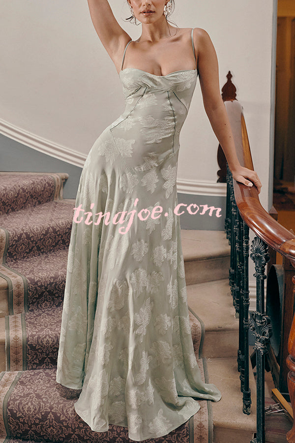 Romantic Vintage Feel Jacquard Fabric Back Lace-up Slip Floaty Maxi Dress