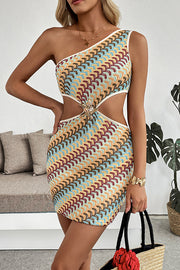Colorful Zigzag Pattern Sexy One Shoulder Bare Waist Holiday Mini Dress