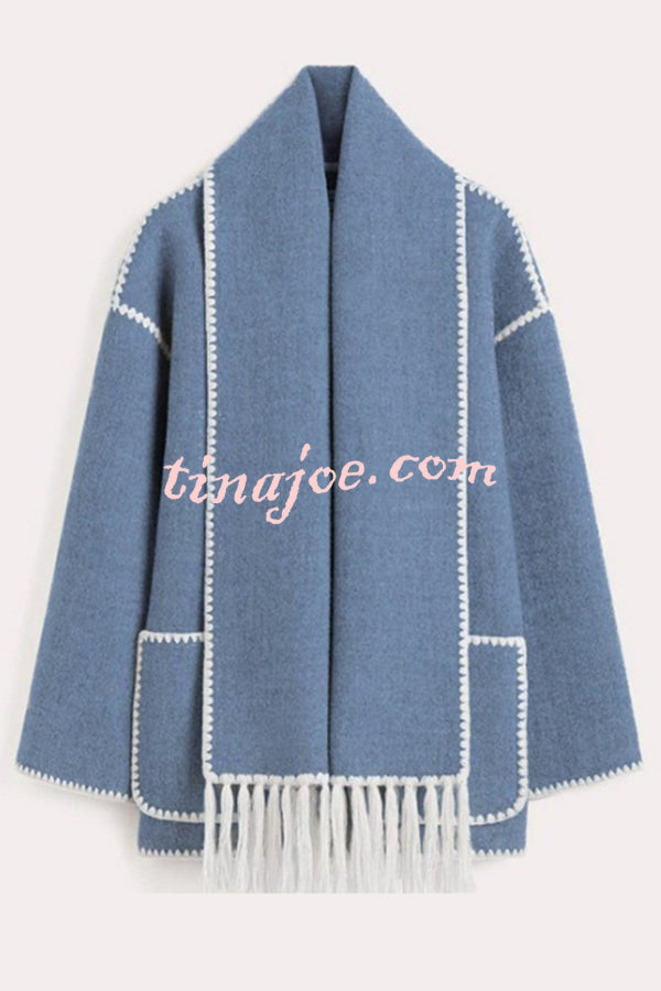 Stylish Loose Pocket Long Sleeve Coat and Warm Fringed Scarf