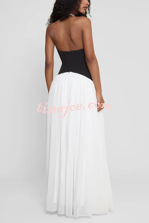 Fashionable Color Matching Sexy Halter Neck Waist Maxi Dress