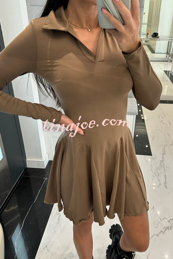 Solid Color Lapel Long Sleeve Slim Fit Waist Mini Dress