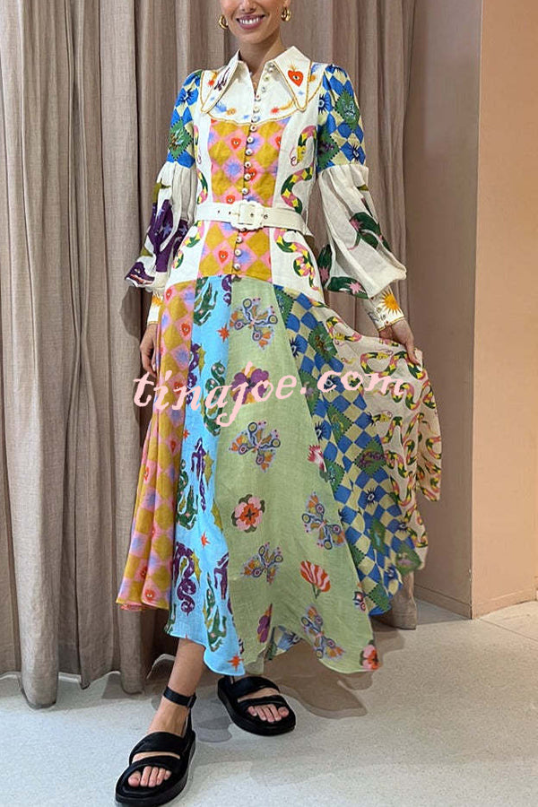 Bold and Chic Irregular Unique Print Balloon Sleeve Belt Shirt Midi Dress