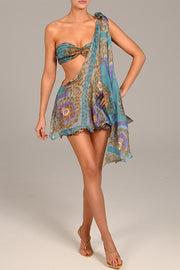 Antari Pleated Tube Top One Shoulder Tie-up Vacation Mini Dress