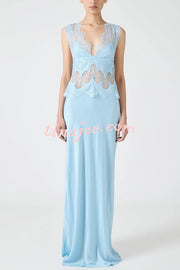 Wonderful Fusion Satin Lace Trim See-through Waist V-neck Drape Maxi Dress
