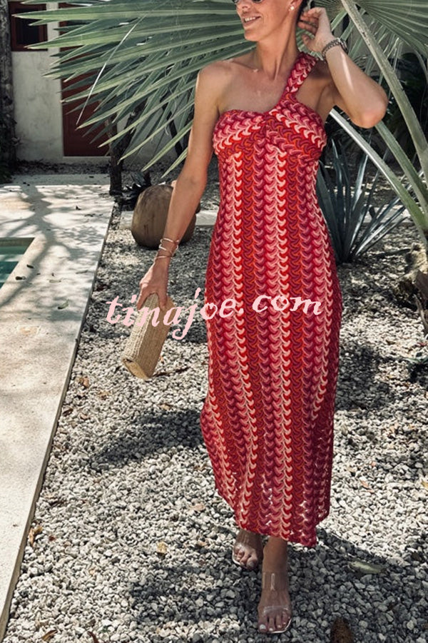 Colorful Zigzag Pattern Lace One-shoulder Slim Vacation Midi Dress