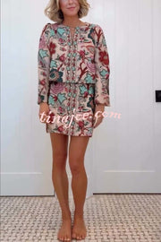 Autumn Garden Printed V-neck Long Bell Sleeve Top and Mid Rise Skirt Set