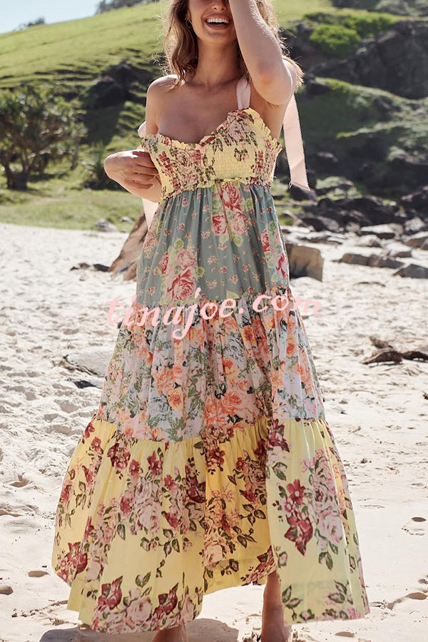 Floral Print Strappy Pleated Paneled Maxi Dress