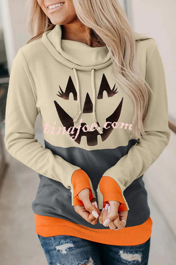 Halloween Pumpkin Print Long Sleeve Drawstring Hoodie