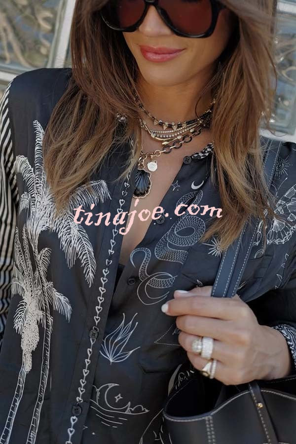 Black Magic Satin Unique Print Long Sleeve Blouse and Elastic Waist Pocket Wide Leg Pants Set