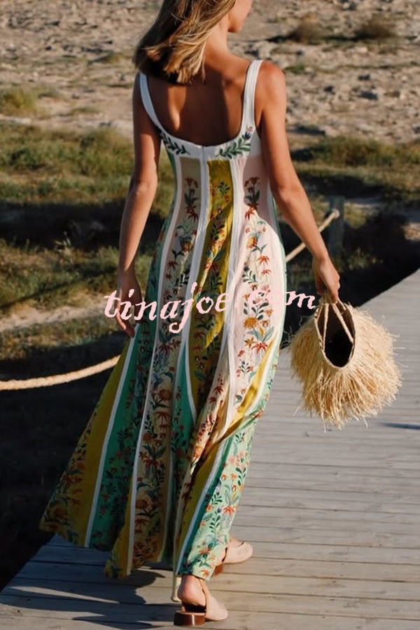 Sweet Garden Linen Blend Color Block Floral Paneled Maxi Dress